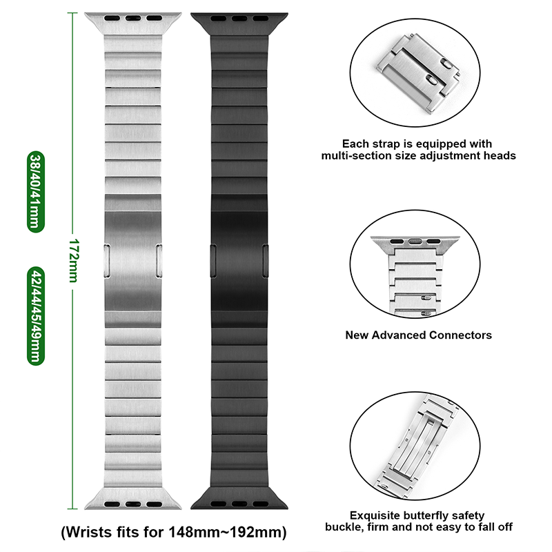 Stainless Steel Butterfly Buckle Apple Watch Band - Brushed Metal Strap, Compatible with for All Series 1-11/Ultra (38-49mm)