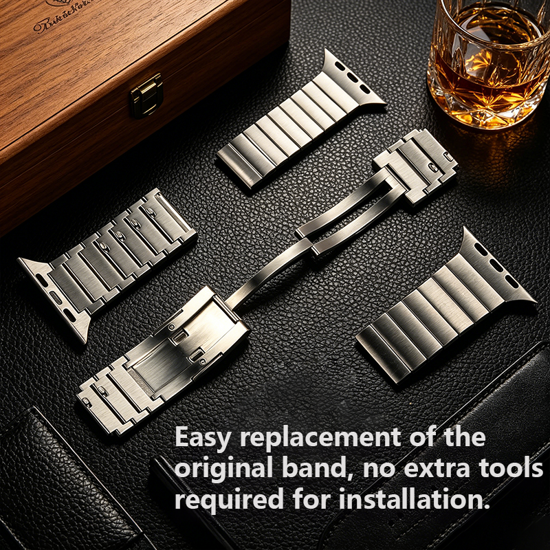 Stainless Steel Butterfly Buckle Apple Watch Band - Brushed Metal Strap, Compatible with for All Series 1-11/Ultra (38-49mm)